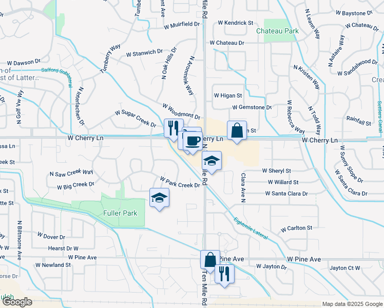 map of restaurants, bars, coffee shops, grocery stores, and more near 3301 West Cherry Lane in Meridian