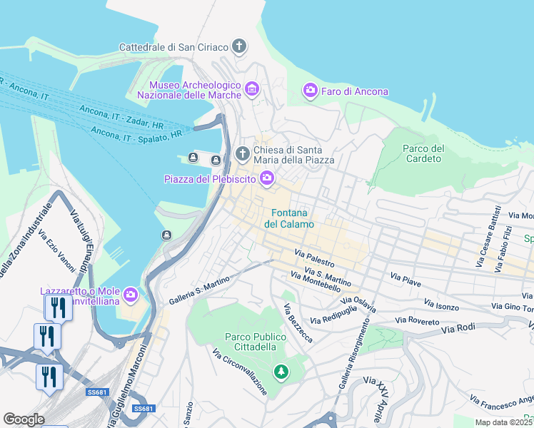 map of restaurants, bars, coffee shops, grocery stores, and more near 5 Via della Pescheria in Ancona