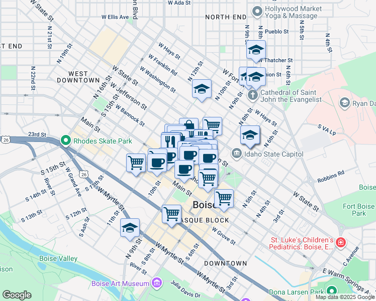 map of restaurants, bars, coffee shops, grocery stores, and more near 950 West Bannock Street in Boise