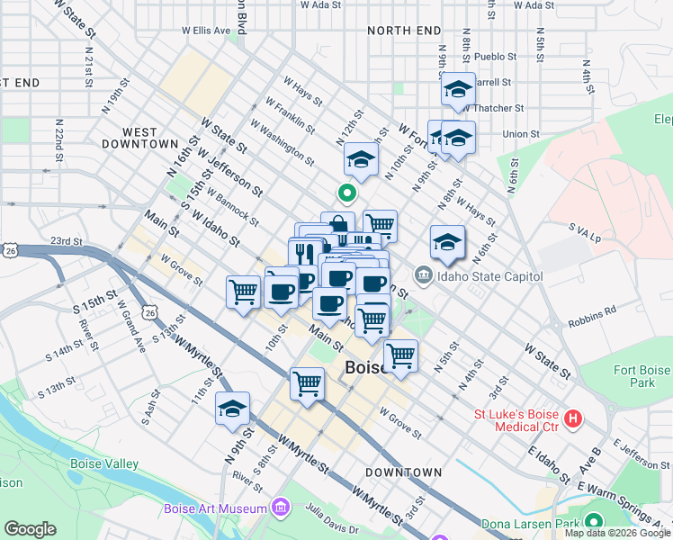 map of restaurants, bars, coffee shops, grocery stores, and more near 950 West Bannock Street in Boise