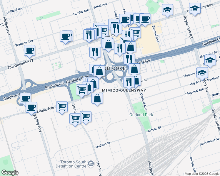 map of restaurants, bars, coffee shops, grocery stores, and more near 200 Evans Avenue in Toronto
