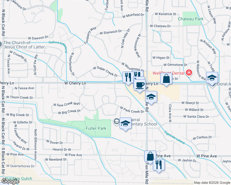 map of restaurants, bars, coffee shops, grocery stores, and more near 3505 West Fir Creek Court in Meridian