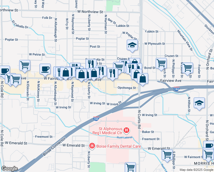 map of restaurants, bars, coffee shops, grocery stores, and more near 6255 West Fairview Avenue in Boise