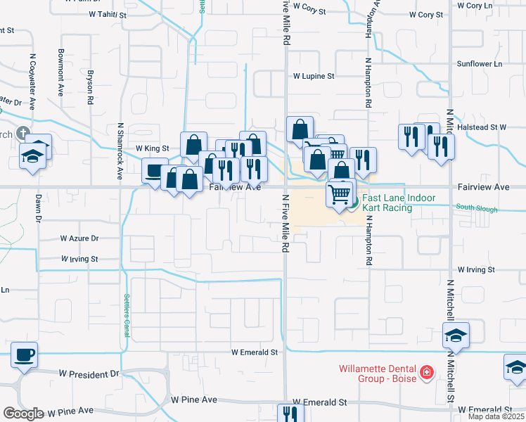 map of restaurants, bars, coffee shops, grocery stores, and more near 1495 Travis Place in Boise