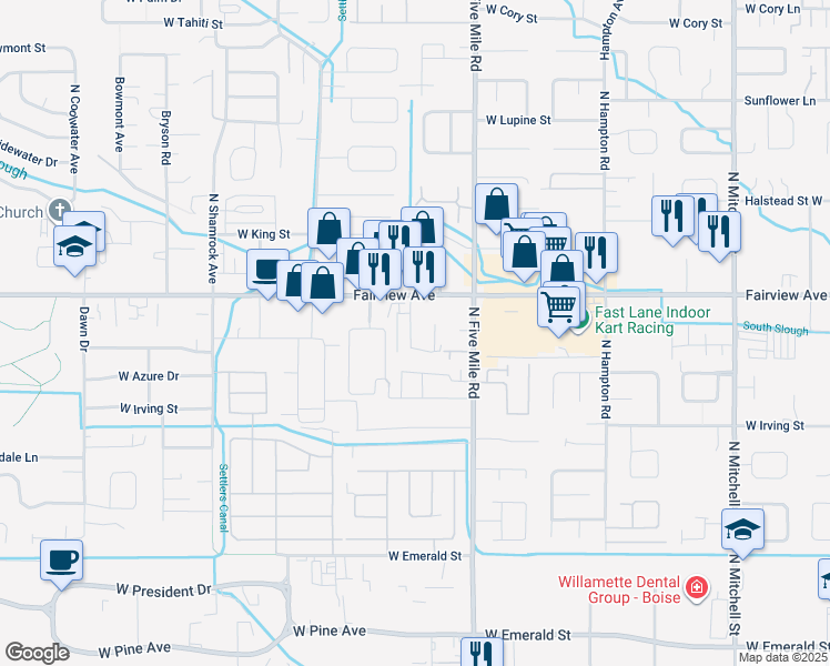 map of restaurants, bars, coffee shops, grocery stores, and more near 1495 Travis Place in Boise