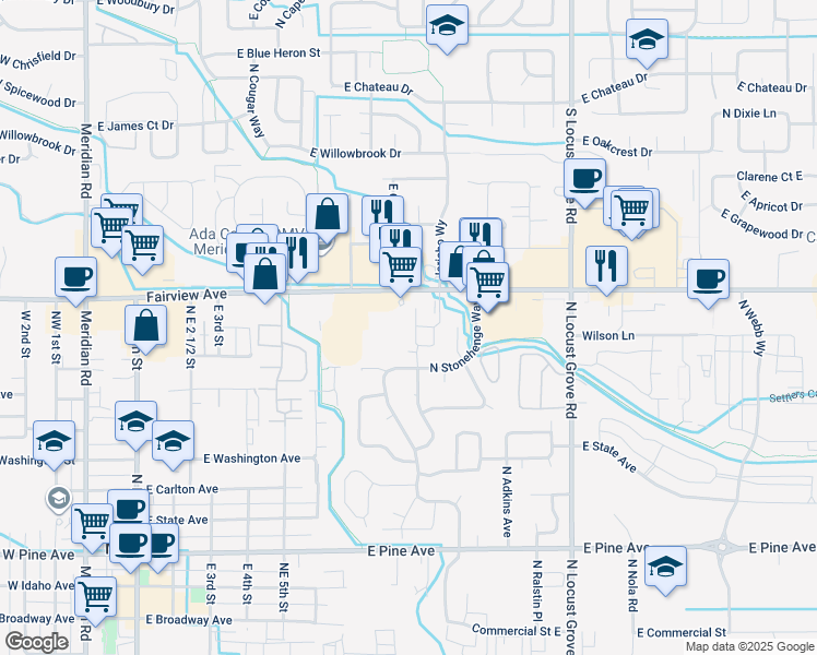 map of restaurants, bars, coffee shops, grocery stores, and more near 1187 East Fairview Avenue in Meridian