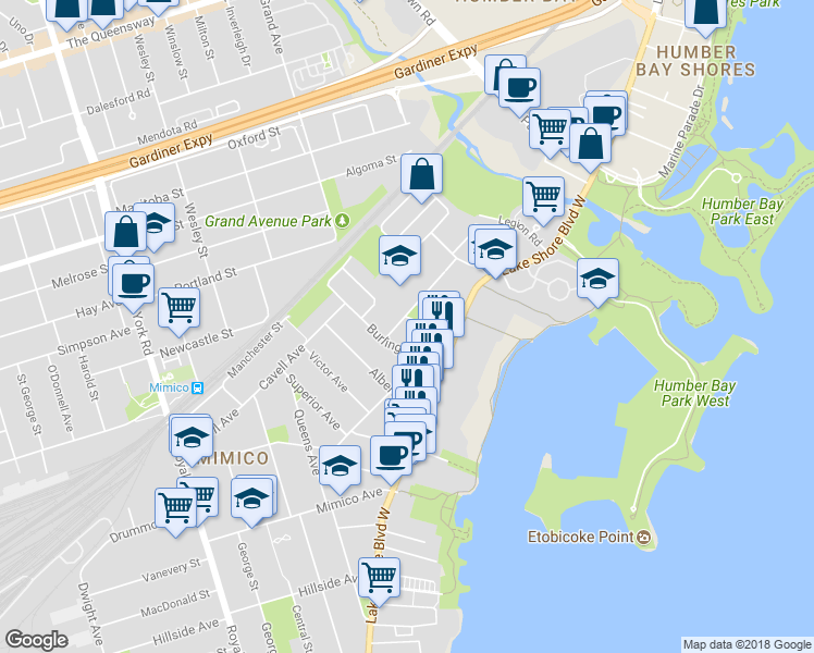 map of restaurants, bars, coffee shops, grocery stores, and more near in Toronto