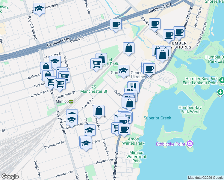 map of restaurants, bars, coffee shops, grocery stores, and more near 82 Burlington Street in Toronto