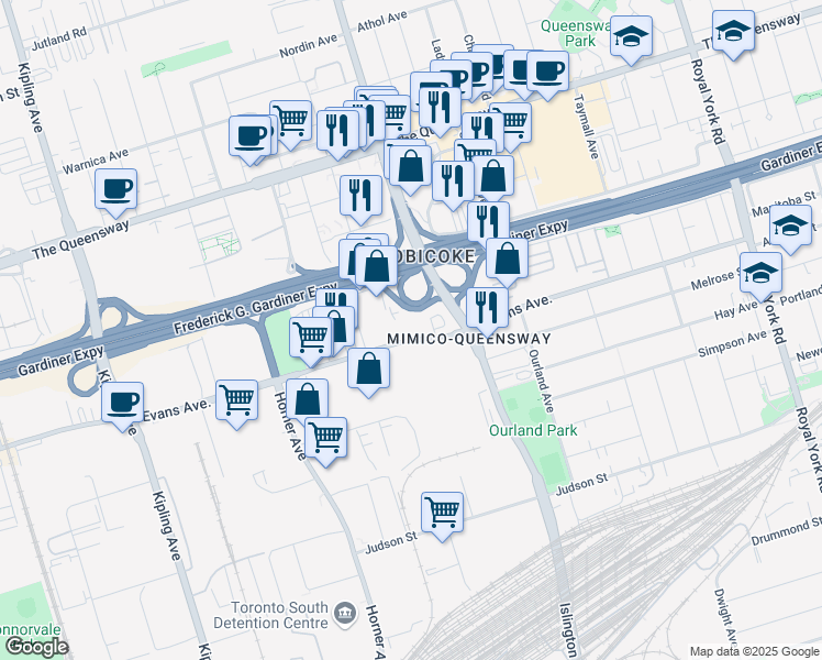 map of restaurants, bars, coffee shops, grocery stores, and more near 200 Evans Avenue in Toronto