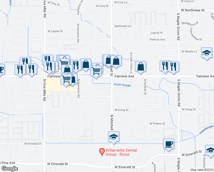 map of restaurants, bars, coffee shops, grocery stores, and more near 9846 West Rosecroft Court in Boise