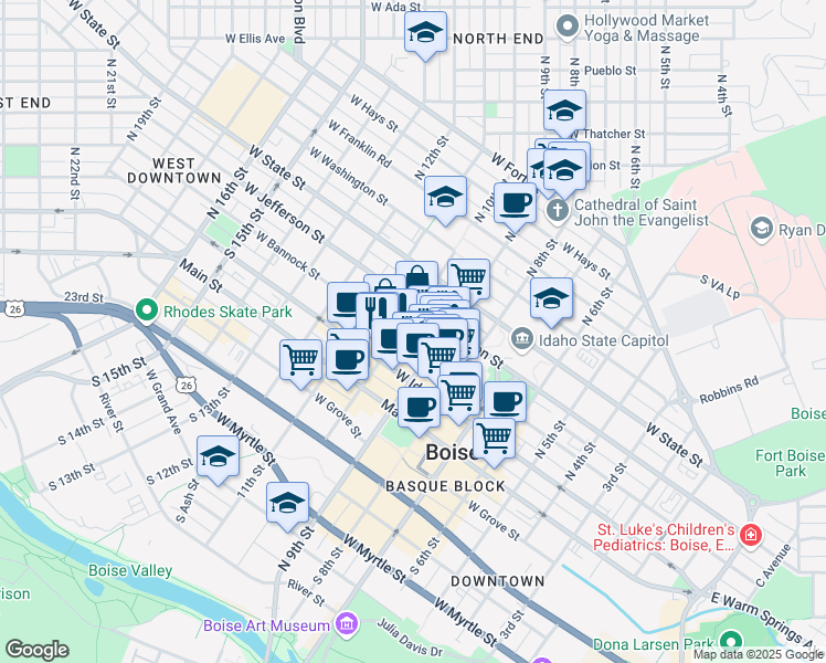 map of restaurants, bars, coffee shops, grocery stores, and more near 915 West Jefferson Street in Boise