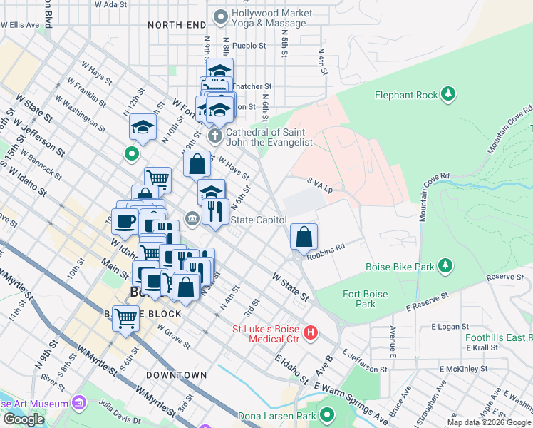 map of restaurants, bars, coffee shops, grocery stores, and more near 420 West Franklin Street in Boise