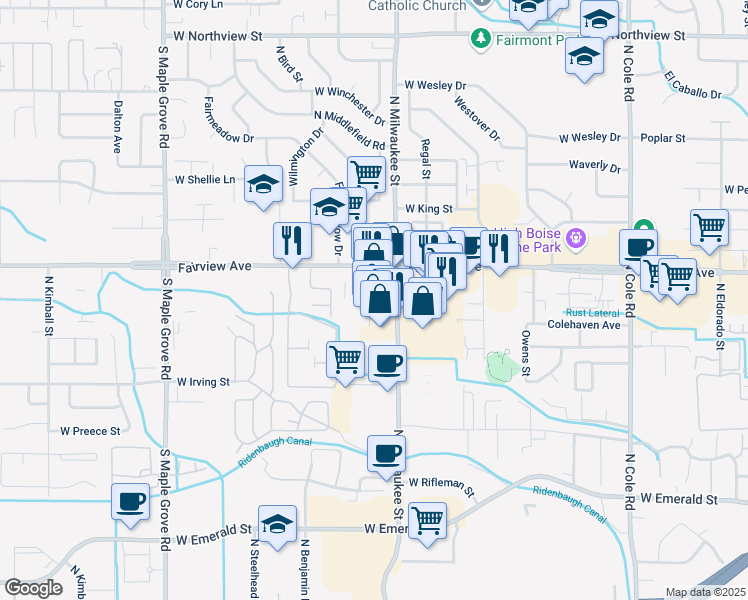 map of restaurants, bars, coffee shops, grocery stores, and more near 1533 North Milwaukee Street in Boise