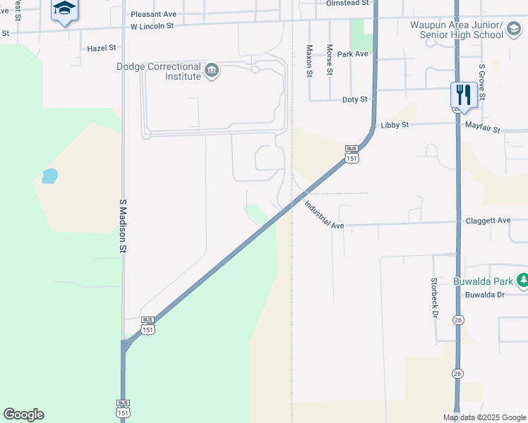 map of restaurants, bars, coffee shops, grocery stores, and more near 912 S Madison St in Waupun