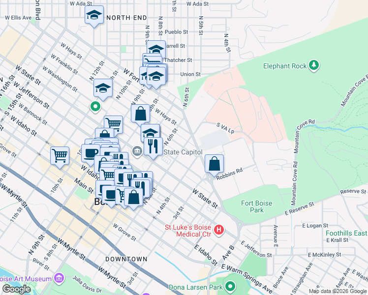 map of restaurants, bars, coffee shops, grocery stores, and more near W Franklin St & N 5th St in Boise