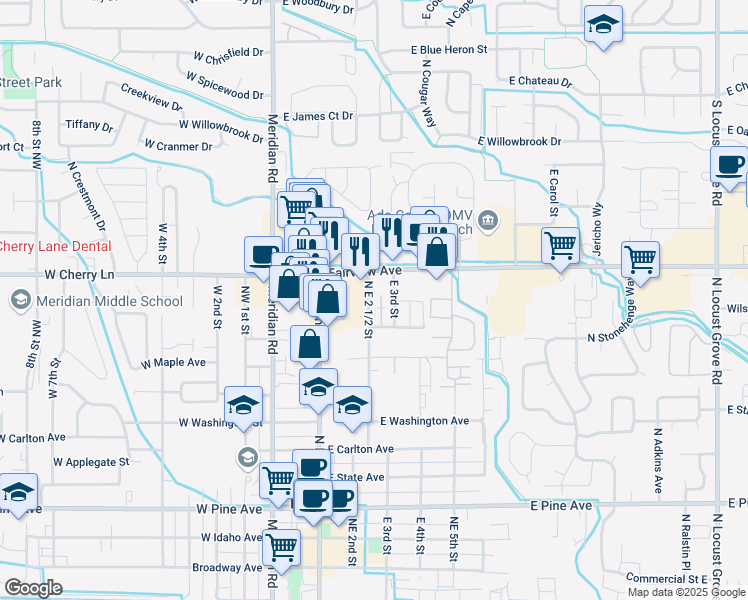 map of restaurants, bars, coffee shops, grocery stores, and more near 328 Gruber Avenue in Meridian