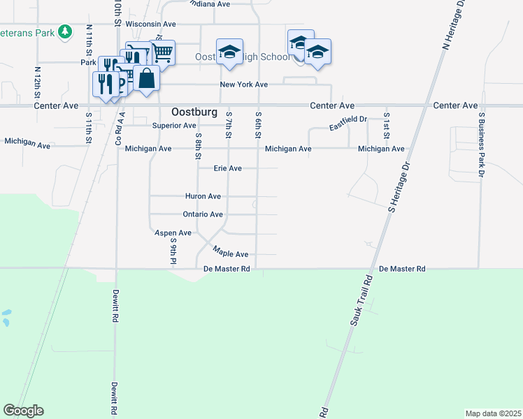 map of restaurants, bars, coffee shops, grocery stores, and more near 542 Ontario Avenue in Oostburg