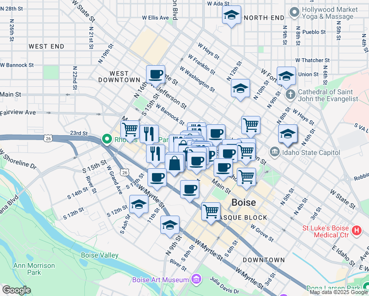 map of restaurants, bars, coffee shops, grocery stores, and more near in Boise