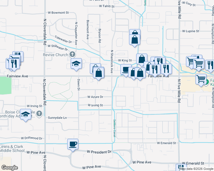 map of restaurants, bars, coffee shops, grocery stores, and more near 11483 West Fairview Avenue in Boise