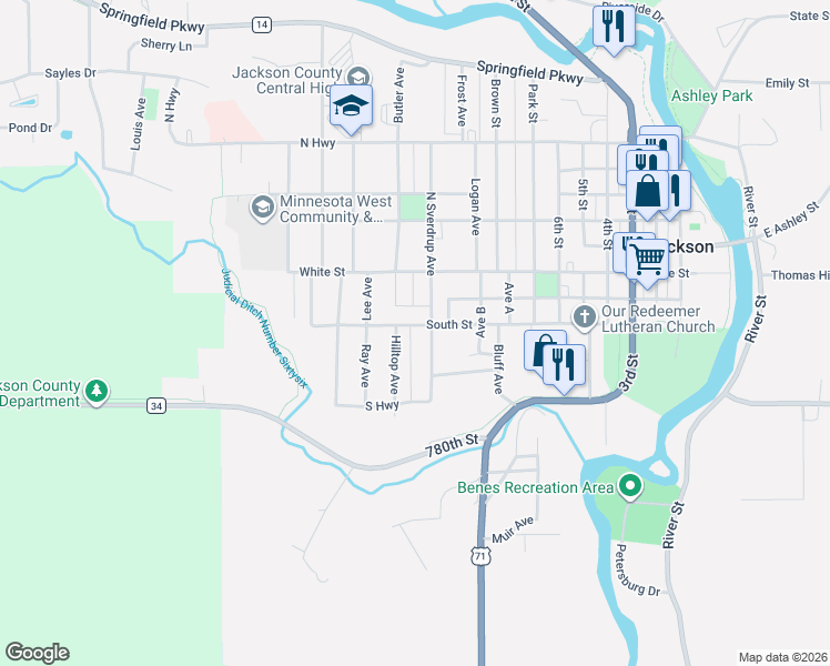 map of restaurants, bars, coffee shops, grocery stores, and more near 1009 South Street in Jackson