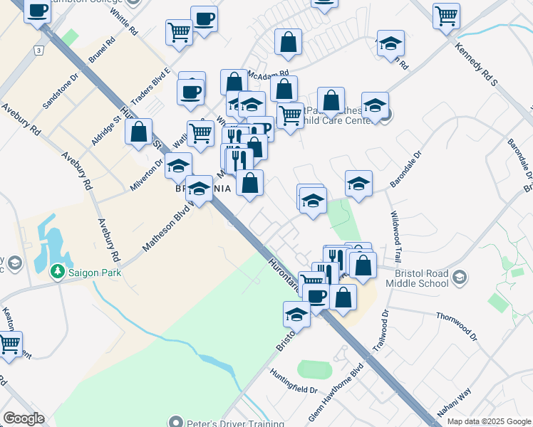 map of restaurants, bars, coffee shops, grocery stores, and more near 55 Barondale Drive in Mississauga