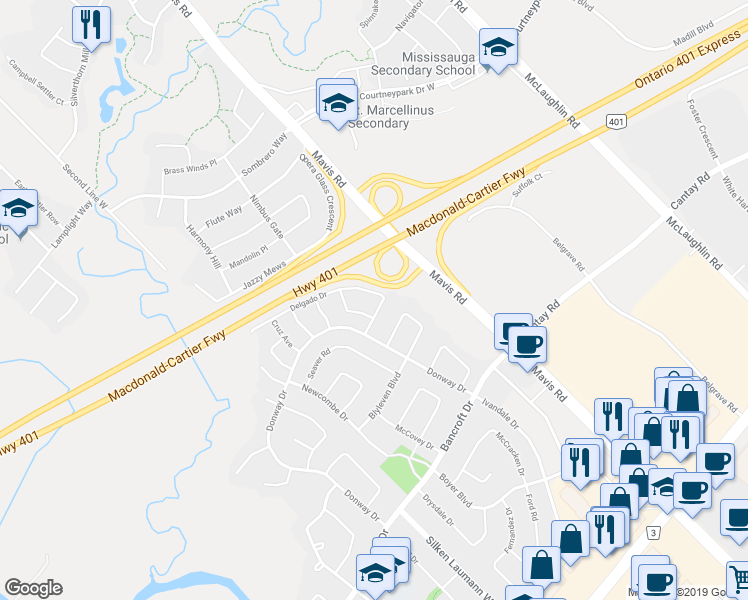map of restaurants, bars, coffee shops, grocery stores, and more near 860 Delgado Drive in Mississauga