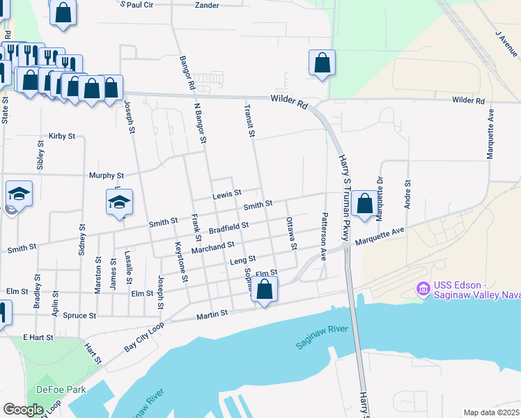 map of restaurants, bars, coffee shops, grocery stores, and more near 507 Transit Street in Bay City