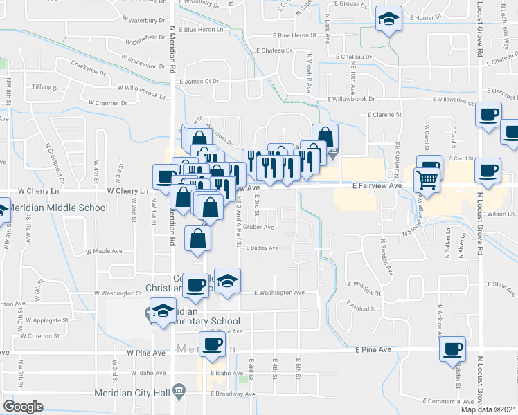 map of restaurants, bars, coffee shops, grocery stores, and more near 14 East 3rd Street in Meridian