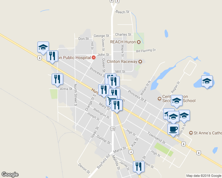 map of restaurants, bars, coffee shops, grocery stores, and more near 46 Albert Street in Clinton