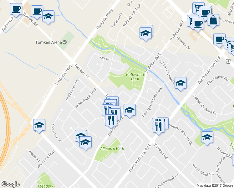 map of restaurants, bars, coffee shops, grocery stores, and more near 4208 Starlight Crescent in Mississauga
