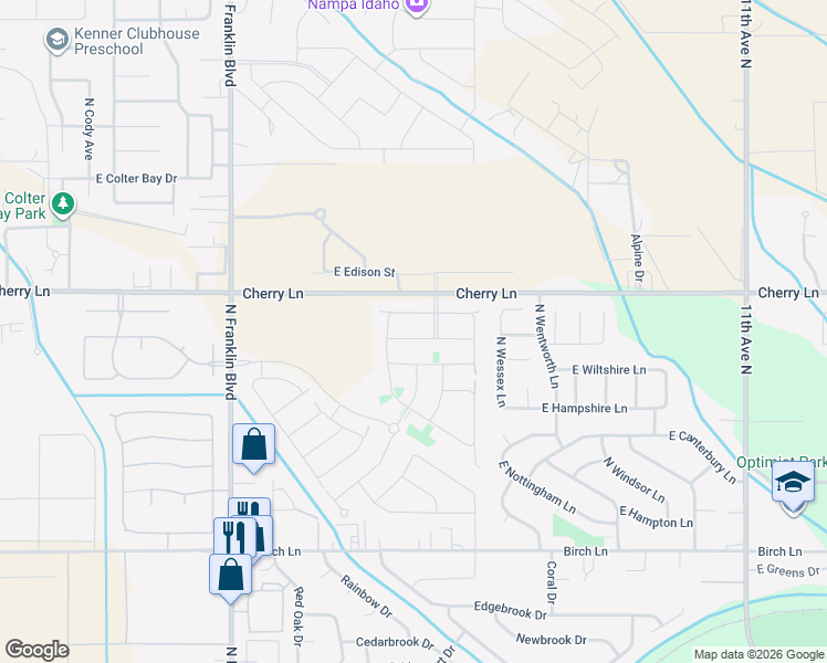 map of restaurants, bars, coffee shops, grocery stores, and more near 7527 Cherry Lane in Nampa