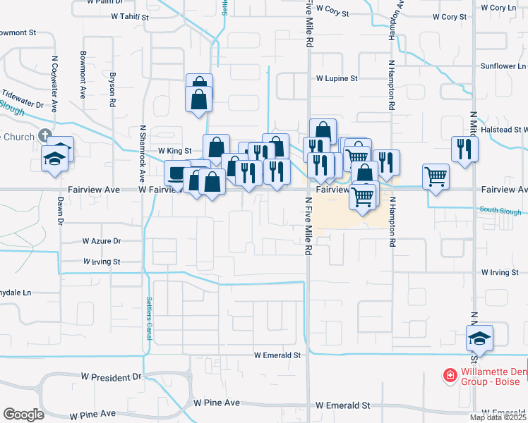 map of restaurants, bars, coffee shops, grocery stores, and more near 1509 Sunrise Manor Way in Boise