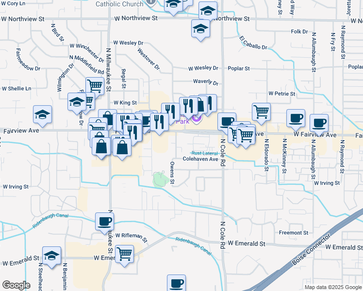 map of restaurants, bars, coffee shops, grocery stores, and more near 7750 West Opohonga Lane in Boise
