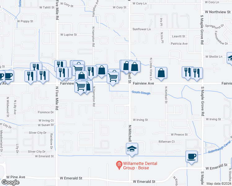 map of restaurants, bars, coffee shops, grocery stores, and more near 9926 West Rosecroft Court in Boise