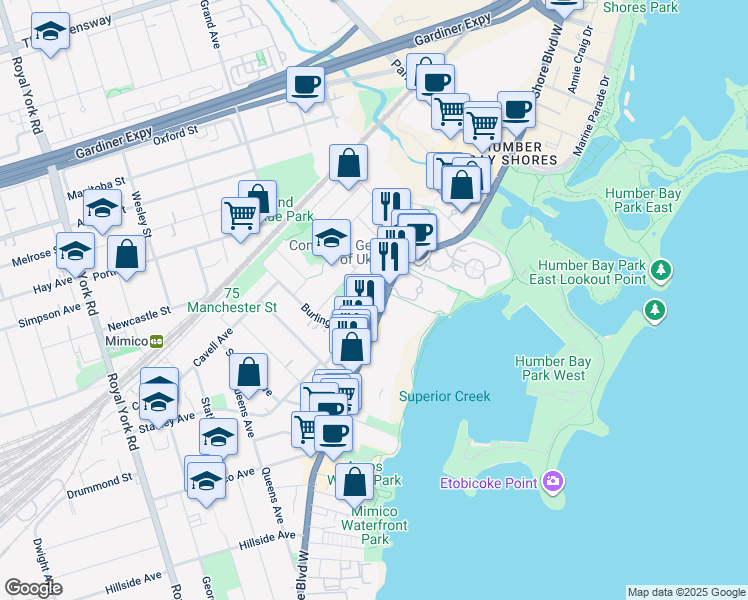 map of restaurants, bars, coffee shops, grocery stores, and more near 12341 Lake Shore Boulevard West in Toronto