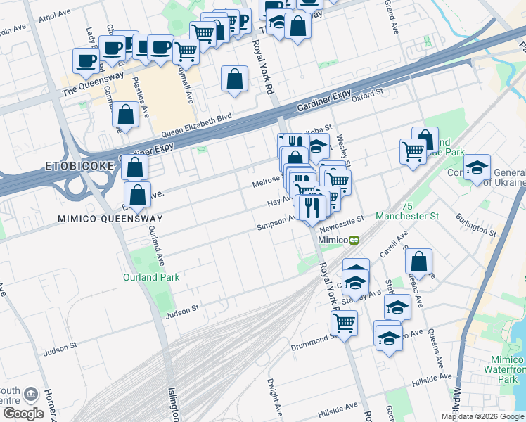 map of restaurants, bars, coffee shops, grocery stores, and more near in Toronto