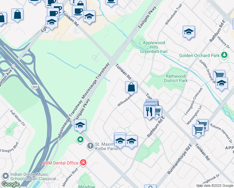 map of restaurants, bars, coffee shops, grocery stores, and more near in Mississauga