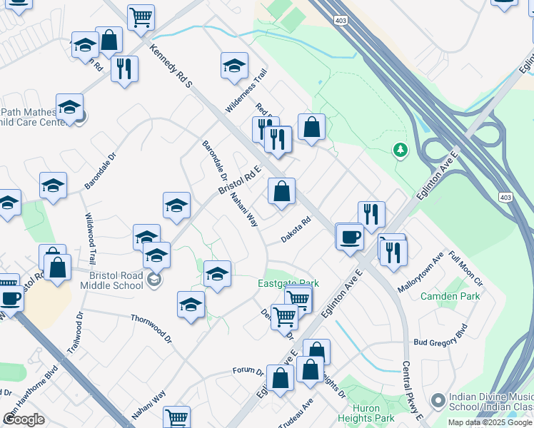 map of restaurants, bars, coffee shops, grocery stores, and more near in Mississauga