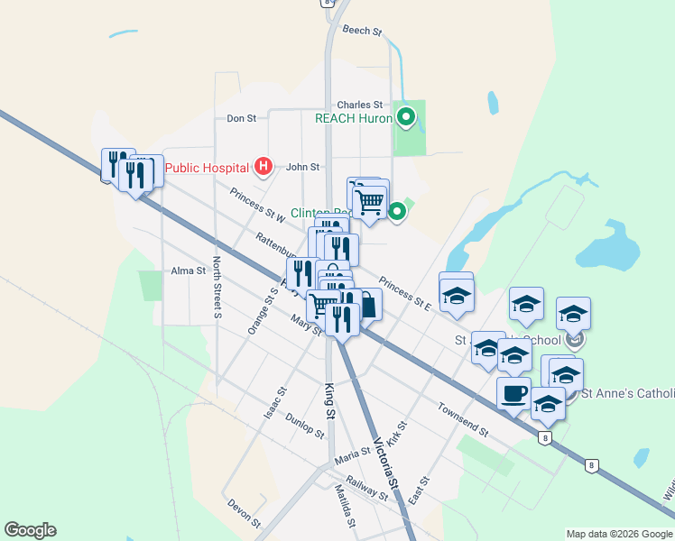 map of restaurants, bars, coffee shops, grocery stores, and more near 47 Albert Street in Clinton