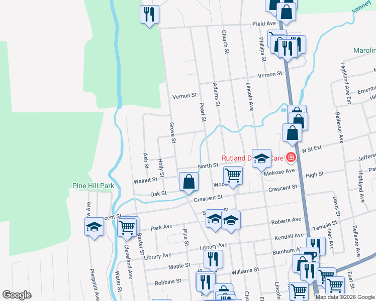map of restaurants, bars, coffee shops, grocery stores, and more near 188 Grove Street in Rutland