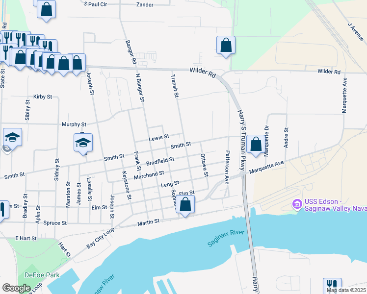 map of restaurants, bars, coffee shops, grocery stores, and more near 507 Transit Street in Bay City