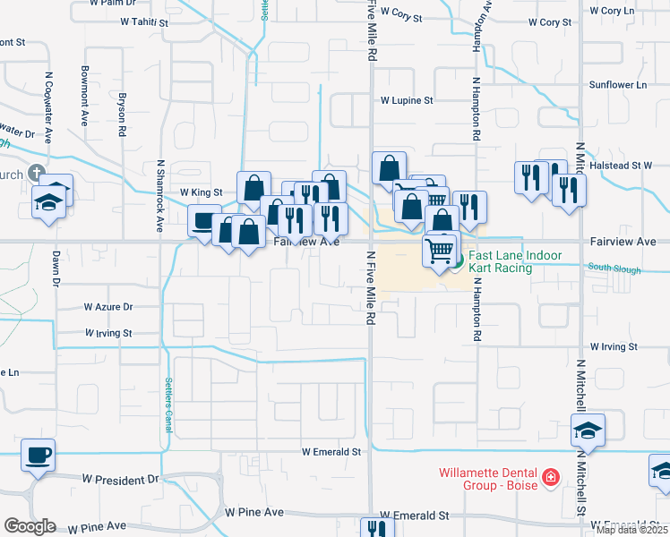 map of restaurants, bars, coffee shops, grocery stores, and more near 1495 Travis Place in Boise