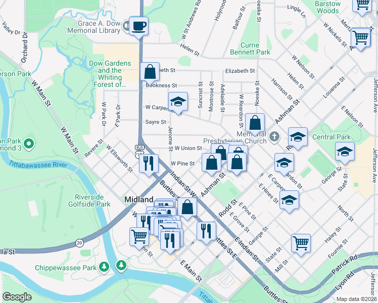map of restaurants, bars, coffee shops, grocery stores, and more near 1315 West Union Street in Midland
