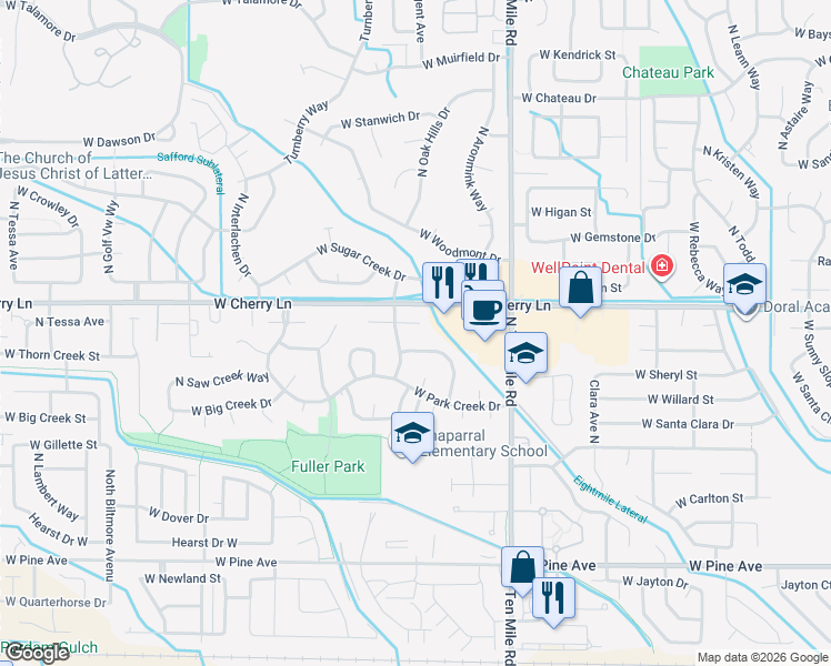 map of restaurants, bars, coffee shops, grocery stores, and more near 3505 West Fir Creek Court in Meridian