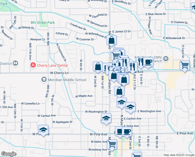 map of restaurants, bars, coffee shops, grocery stores, and more near 1612 West 2nd Street in Meridian