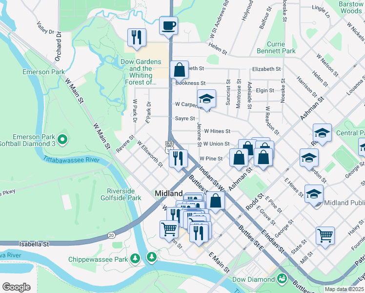 map of restaurants, bars, coffee shops, grocery stores, and more near 1607 West Union Street in Midland