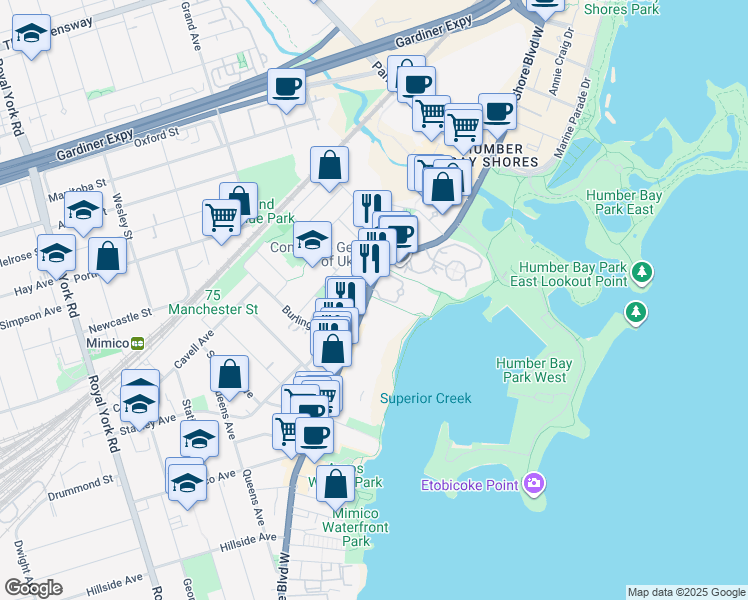 map of restaurants, bars, coffee shops, grocery stores, and more near 12341 Lake Shore Boulevard West in Toronto