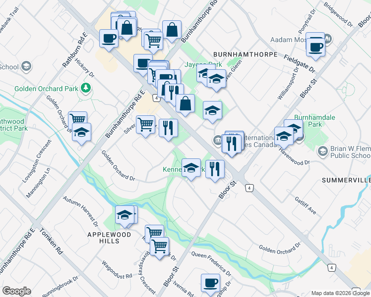 map of restaurants, bars, coffee shops, grocery stores, and more near 1350 Winding Trail in Mississauga