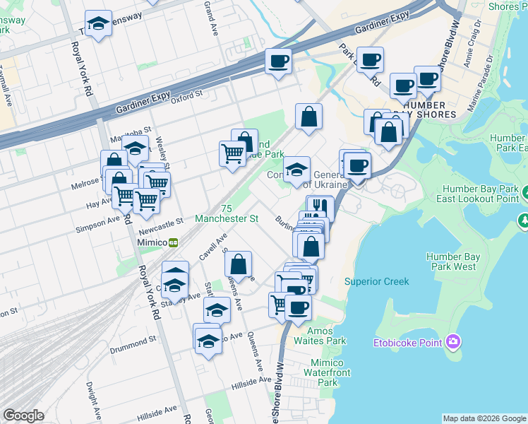 map of restaurants, bars, coffee shops, grocery stores, and more near 82 Burlington Street in Toronto