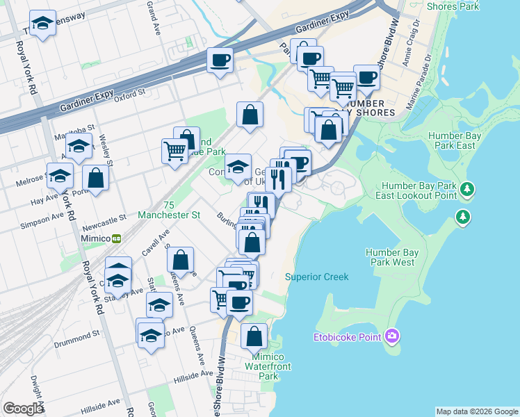 map of restaurants, bars, coffee shops, grocery stores, and more near 17 Alexander Street in Toronto